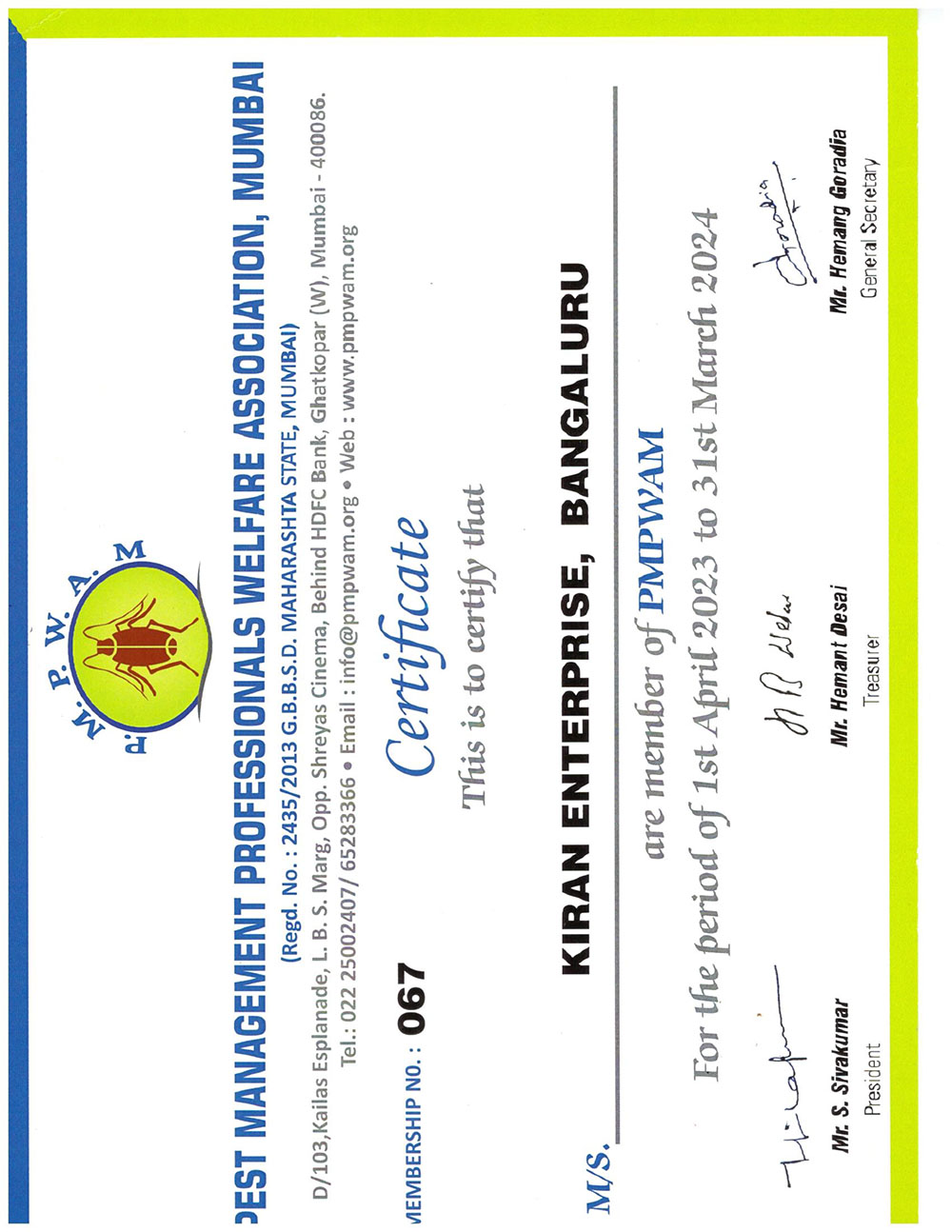 Member of Pest Management Professionals Welfare Association Mumbai